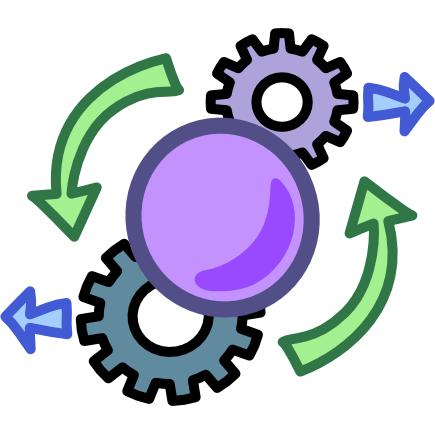 A purple sphere sits  in front of a pair of cogs, two curved green arrows point between the cogs making a circular motion around the sphere.  To the right of the top cog is a small blue arrow pointing right, to the left of the bottom cog is a second blue arrow, this one points left. The image has dark line art.